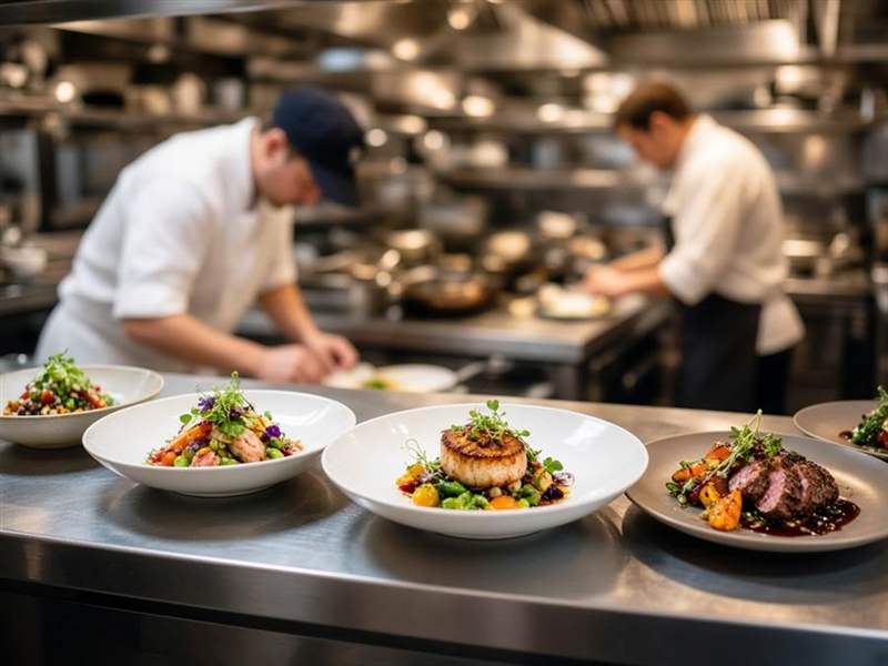 Kitchen team plating meals